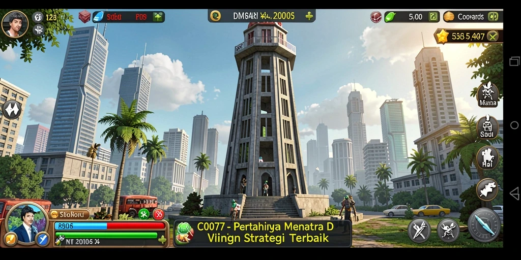Screenshot gameplay dari C0077 menampilkan aksi menara pertahanan yang intens.