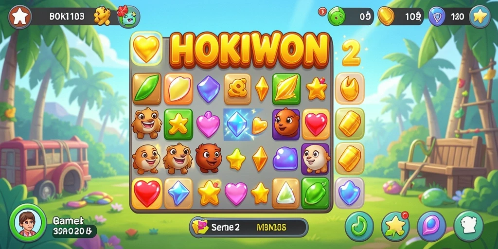 Screenshot gameplay HOKIWON menampilkan elemen Match-3 yang cerah.