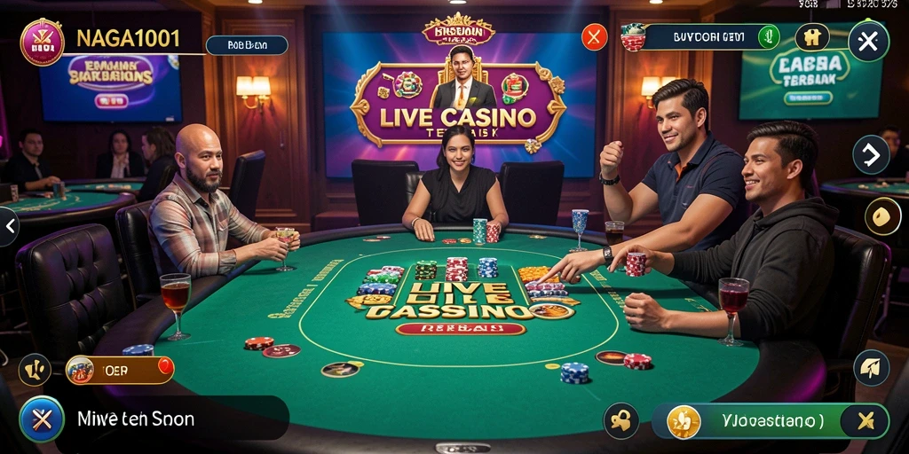 Screenshot gameplay Live Casino NAGA1001 yang menunjukkan dealer langsung dan pemain aktif.