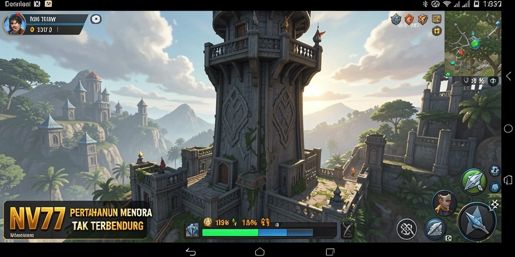Screenshot gameplay NV77 menampilkan aksi pertahanan menara yang seru.