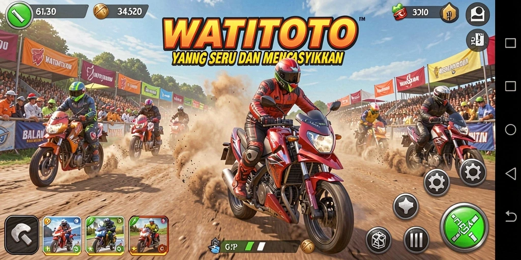 Tampilan gameplay WATITOTO dengan action balap motor yang mendebarkan.